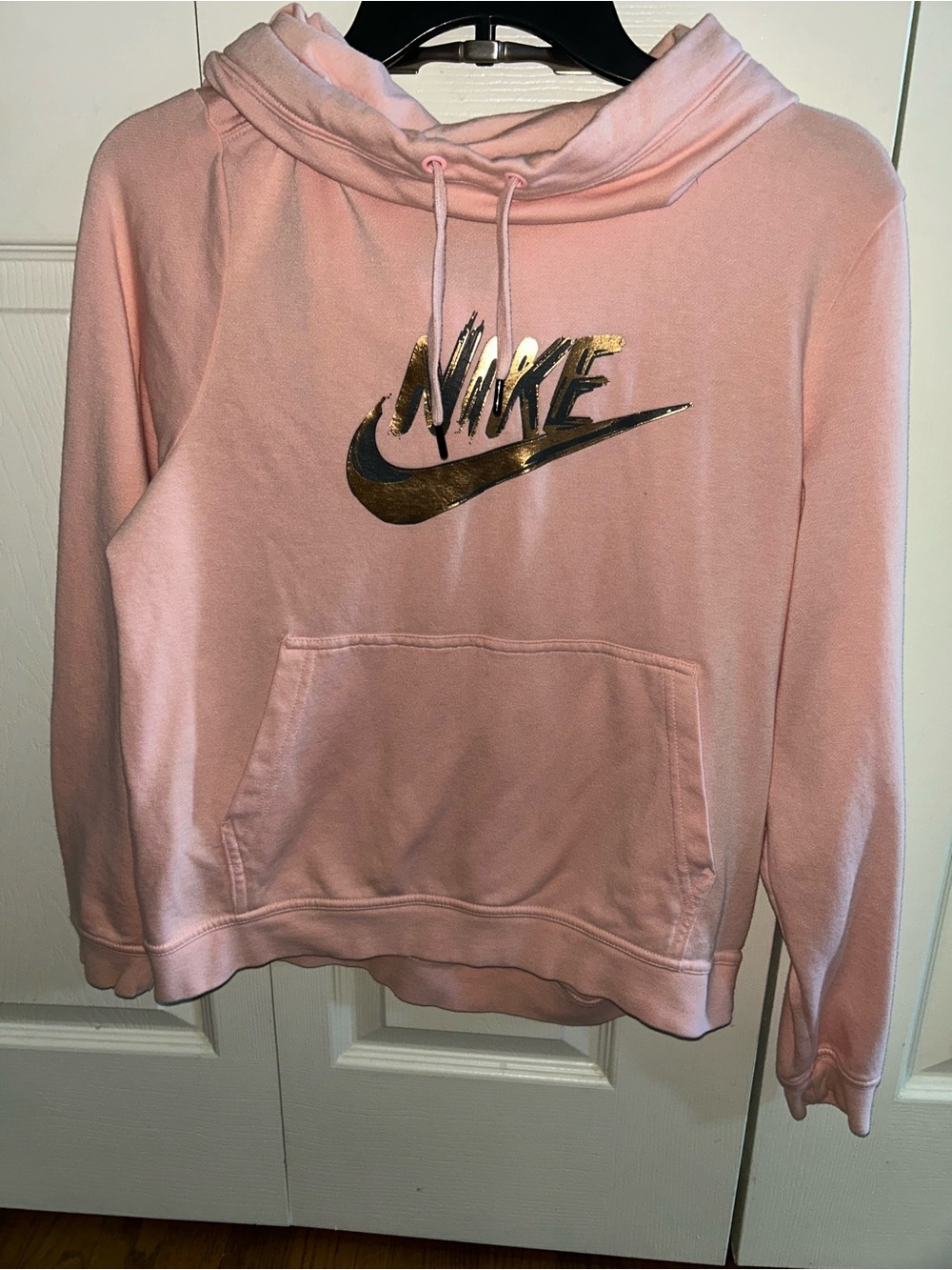 Nike Women's Light Pink Cowl Neck Sweatshirt with Gold Logo